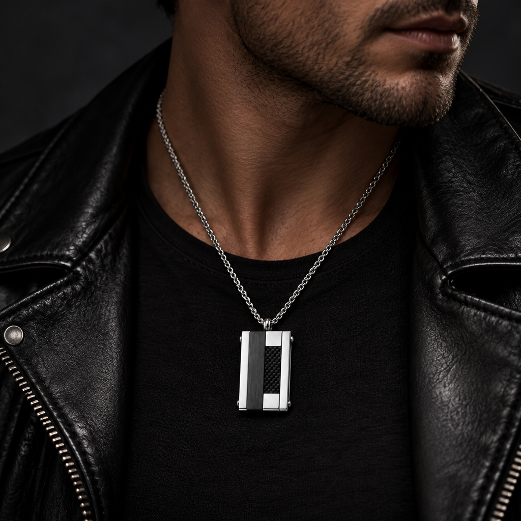 Model wearing men's industrial modular dog tag pendant with black leather biker jacket
