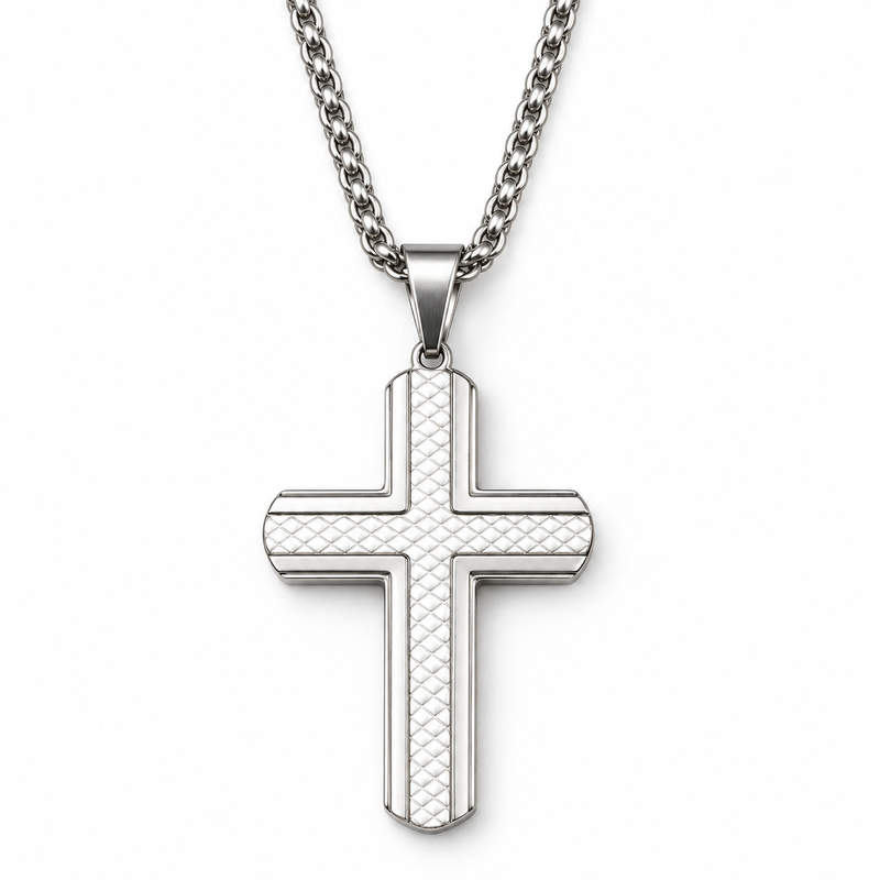 Men's Carbon Fiber Waffle Grid Cross Pendant Necklace – Stainless Steel Jewelry
