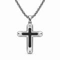 Men's bullet-notch rounded edge black inlay cross pendant necklace on stainless steel chain
