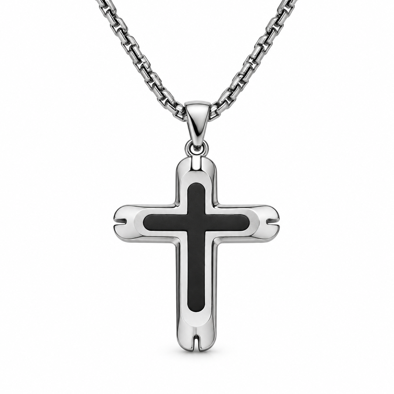 Men's bullet-notch rounded edge black inlay cross pendant necklace on stainless steel chain
