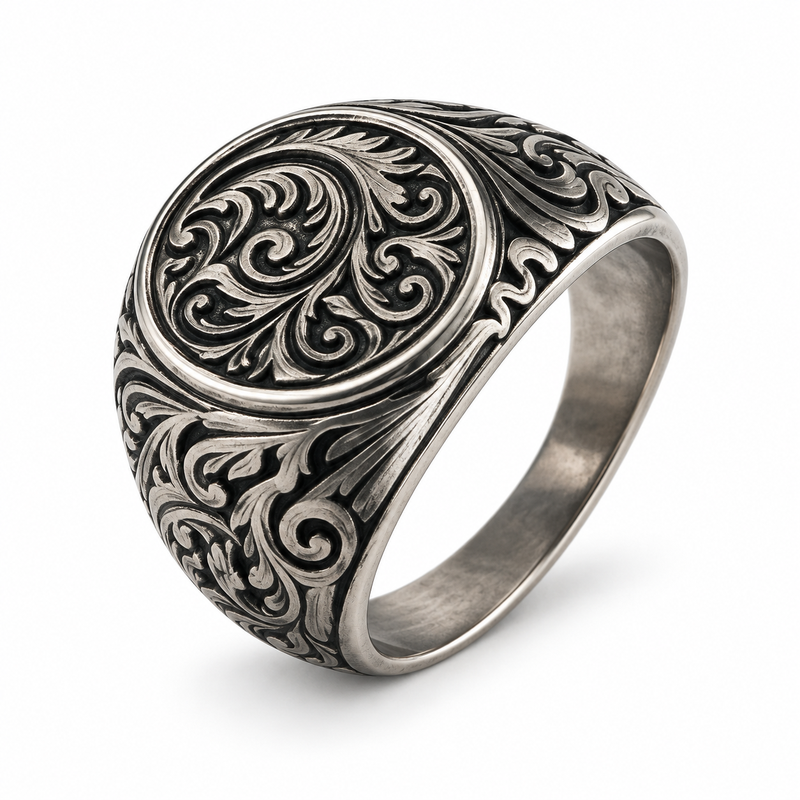 Vintage carved floral signet ring in antique finish stainless steel
