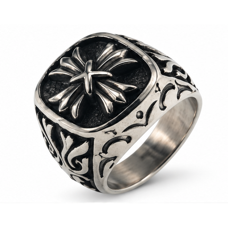 Men's Vintage Gothic Fleur Cross Signet Ring in antique silver stainless steel