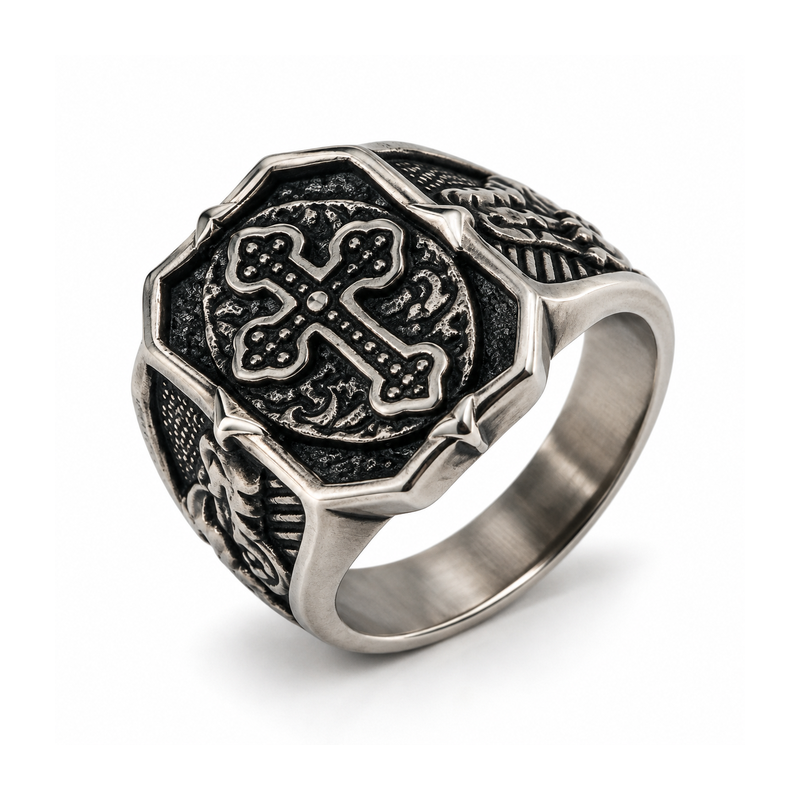 Men's vintage gothic cross signet ring in antique finish stainless steel
