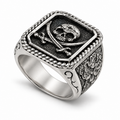 Men's Vintage Pirate Skull Signet Ring with crossed cutlasses on white background
