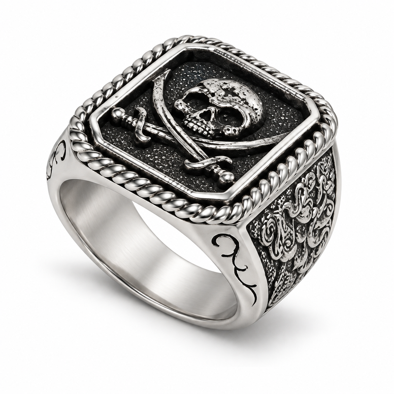 Men's Vintage Pirate Skull Signet Ring with crossed cutlasses on white background
