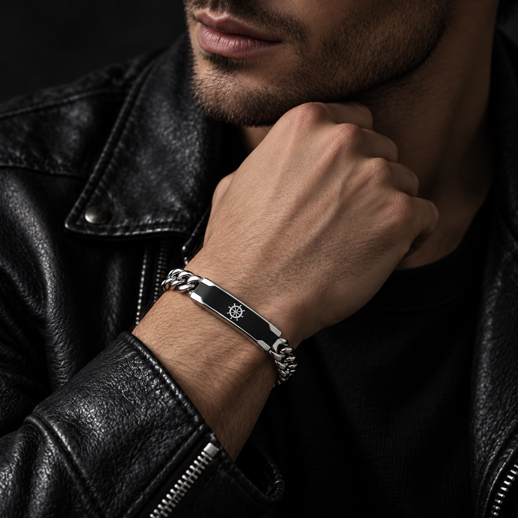 Men's Cuban Curb Chain Black Enamel Ship's Wheel Helm ID Bar Bracelet