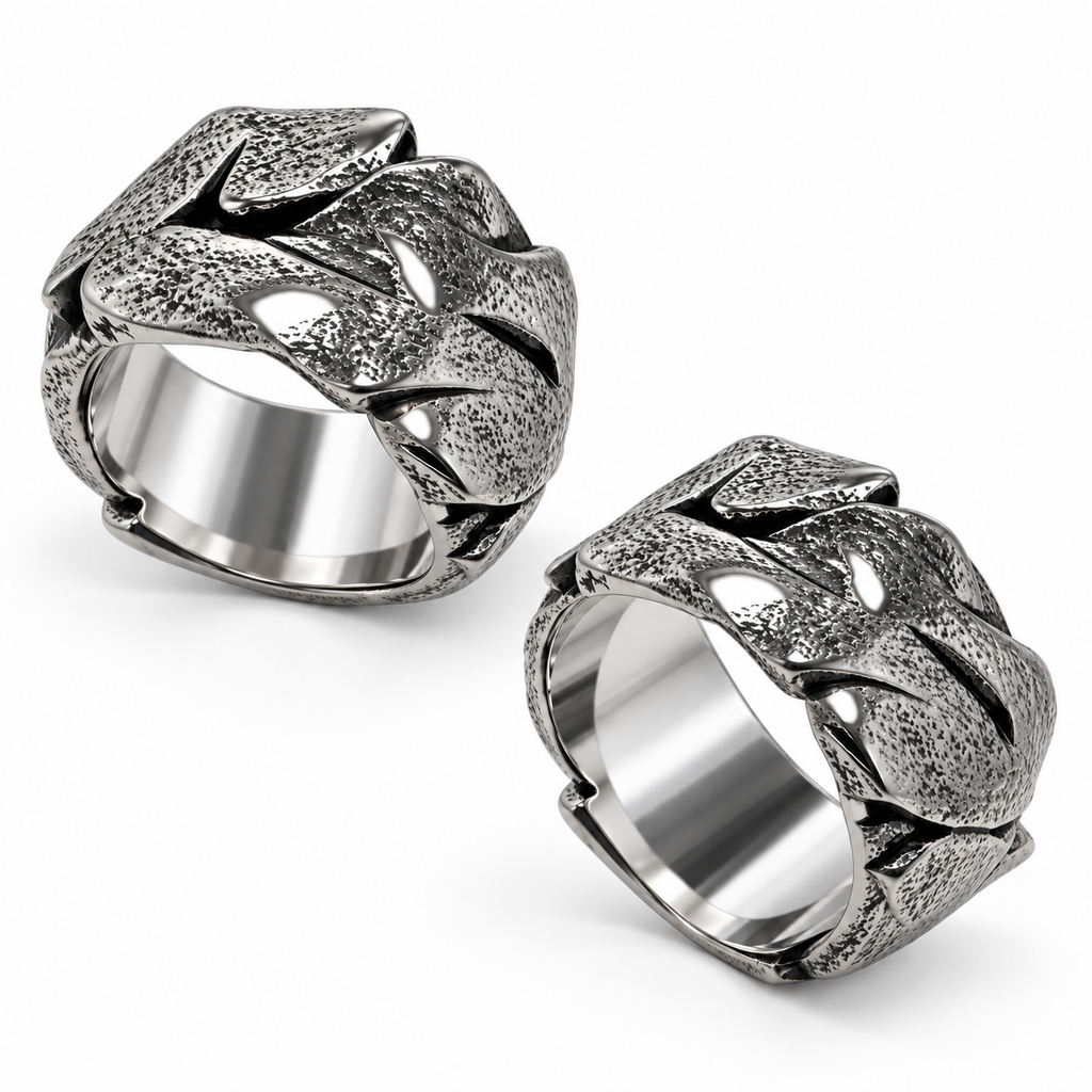 Dual view of chunky textured Cuban curb chain ring showing chiseled links and inner comfort band
