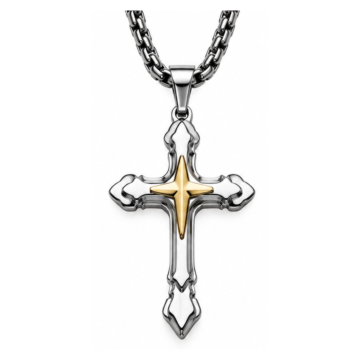 Men's Gothic Fleur Four-Point Star Cross Pendant Necklace – Stainless Steel Jewelry