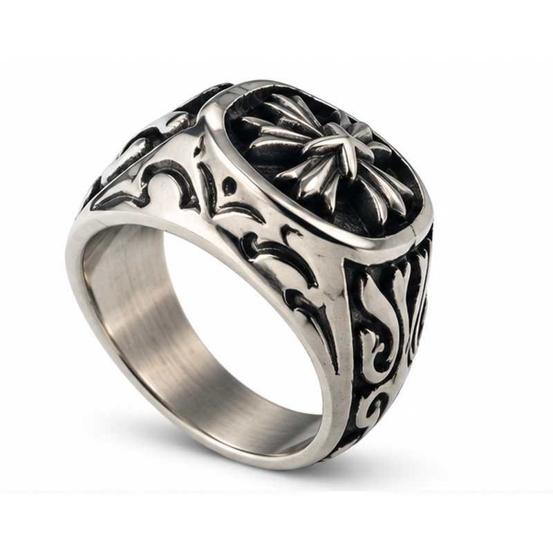 Side profile of gothic floral cross ring showcasing engraved acanthus scrollwork band