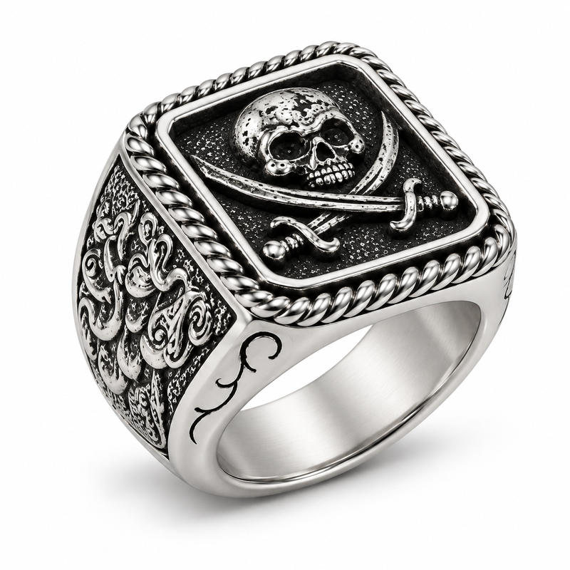 Angled view of stainless steel pirate skull ring showing rope border and shoulder carving

