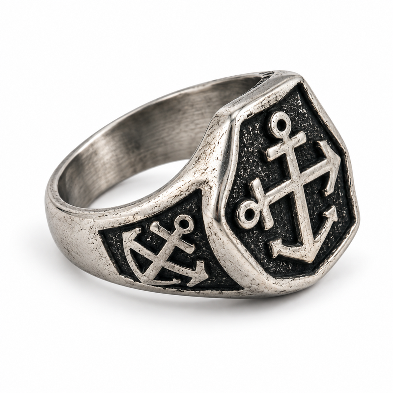 Side profile of Men's stainless steel anchor ring showing shoulder anchor engraving
