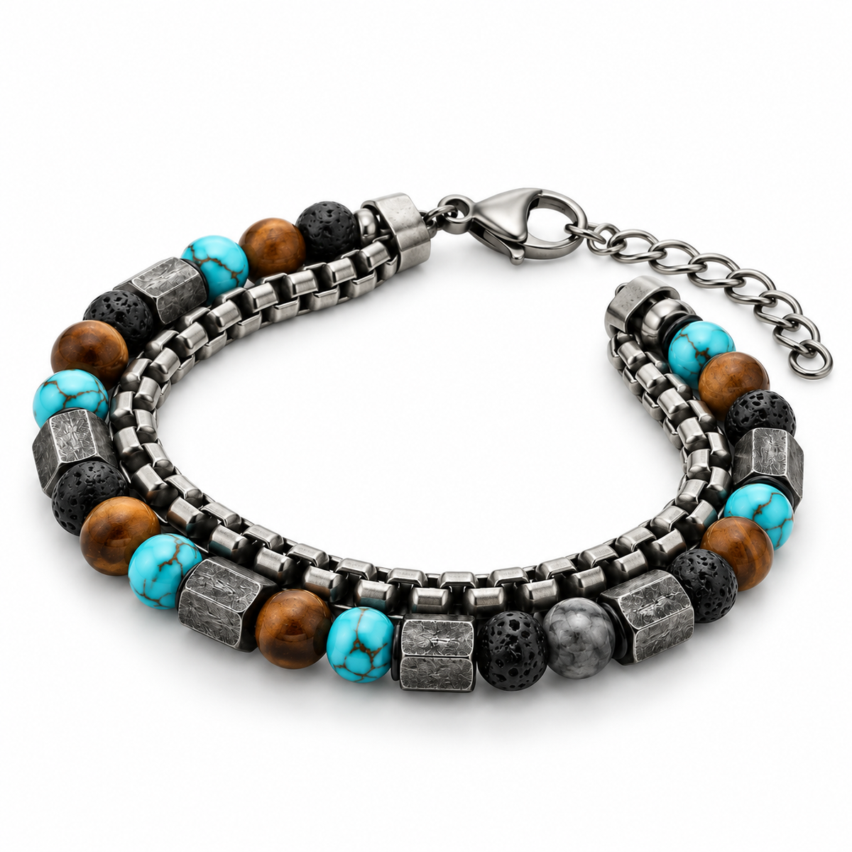 Men's double-strand bracelet featuring turquoise, tiger eye beads, volcanic lava rock, and stainless steel box chain