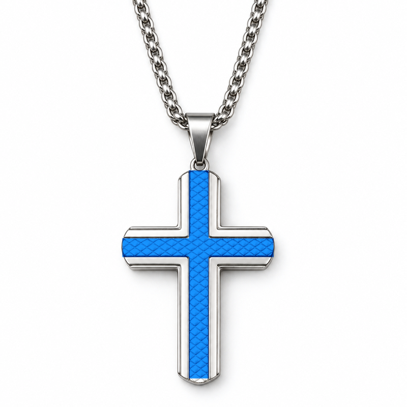 Men's Carbon Fiber Waffle Grid Cross Pendant Necklace – Stainless Steel Jewelry