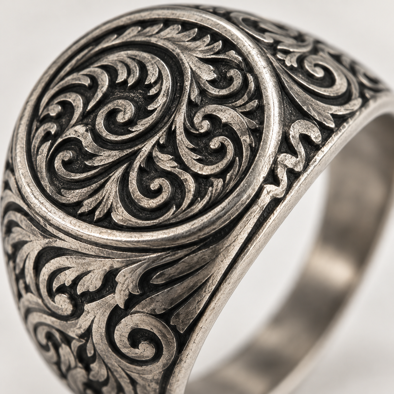 Detailed view of intricate filigree engraving on stainless steel signet ring
