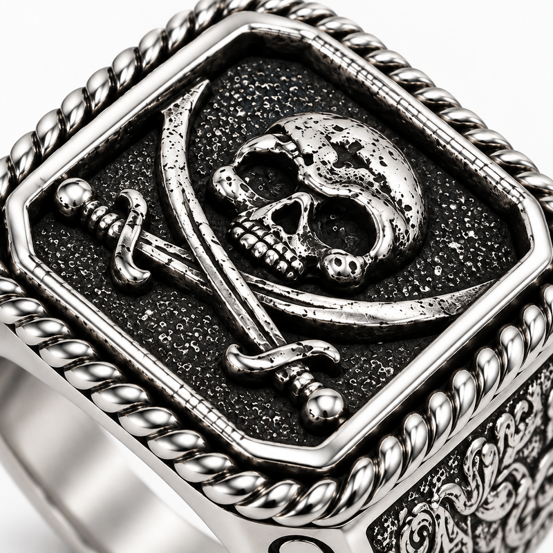 Macro close-up of sculpted pirate skull and crossed swords on textured signet face

