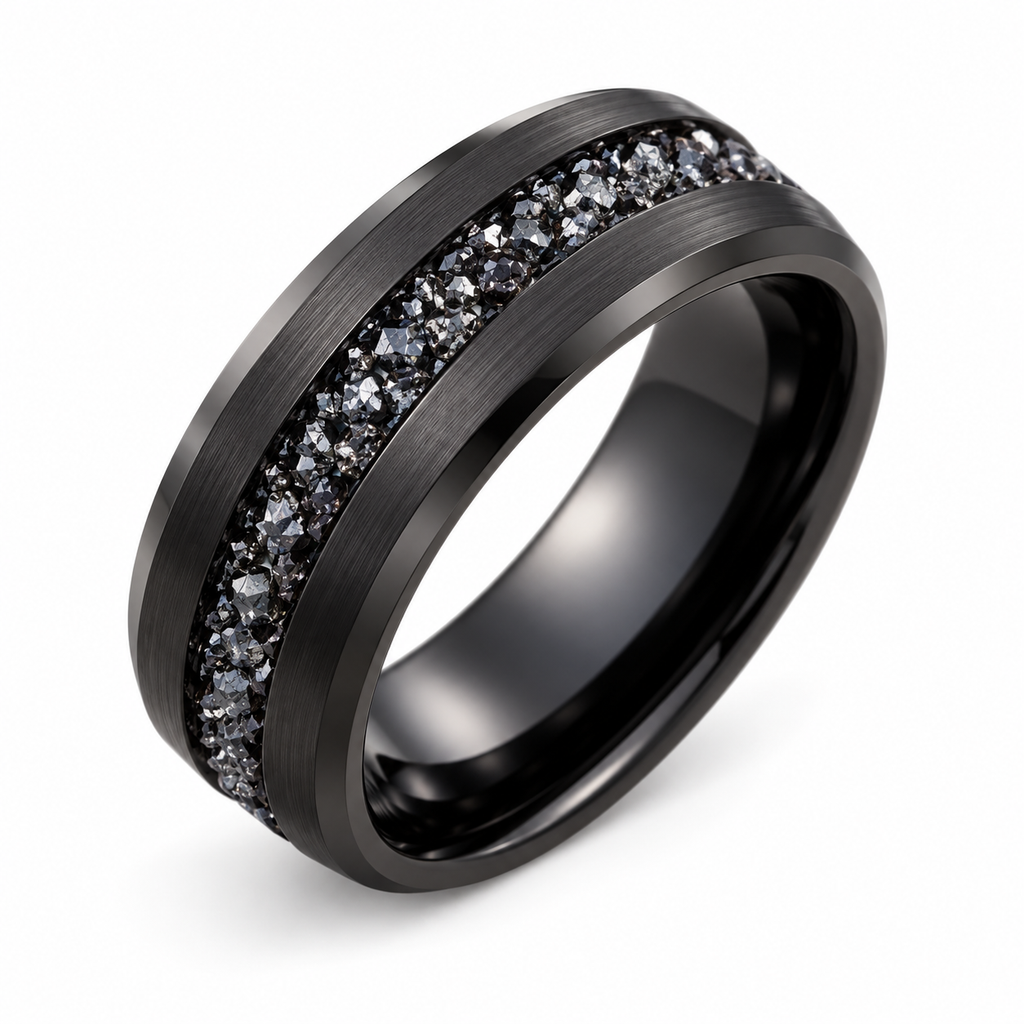 Men's Brushed Black Inlay Ring with crushed black crystal channel on white background

