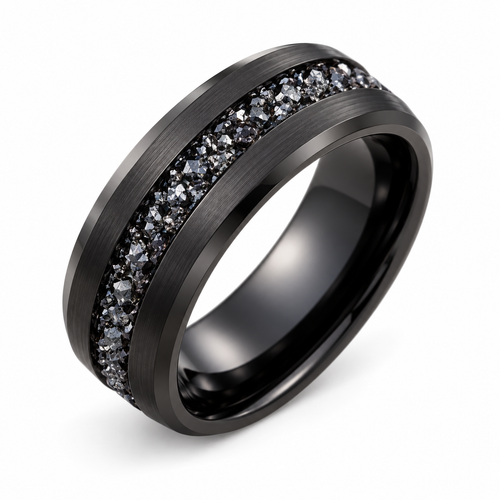 Men's Brushed Black Inlay Ring with crushed black crystal channel on white background
