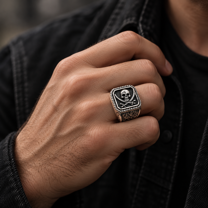 Male hand wearing heavy stainless steel pirate skull ring with black denim shirt
