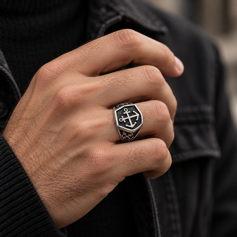 Male hand wearing Men's Nautical Anchor Signet Ring paired with black jacket
