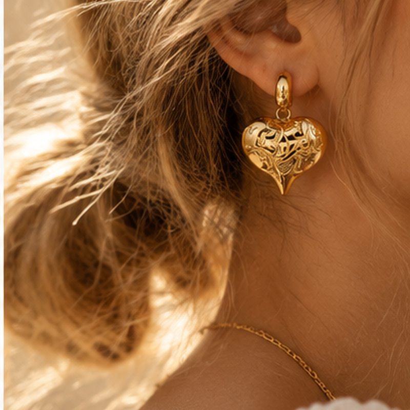 Women's Vintage Engraved Filigree Puffed Heart Huggie Drop Earrings – Stainless Steel Jewelry