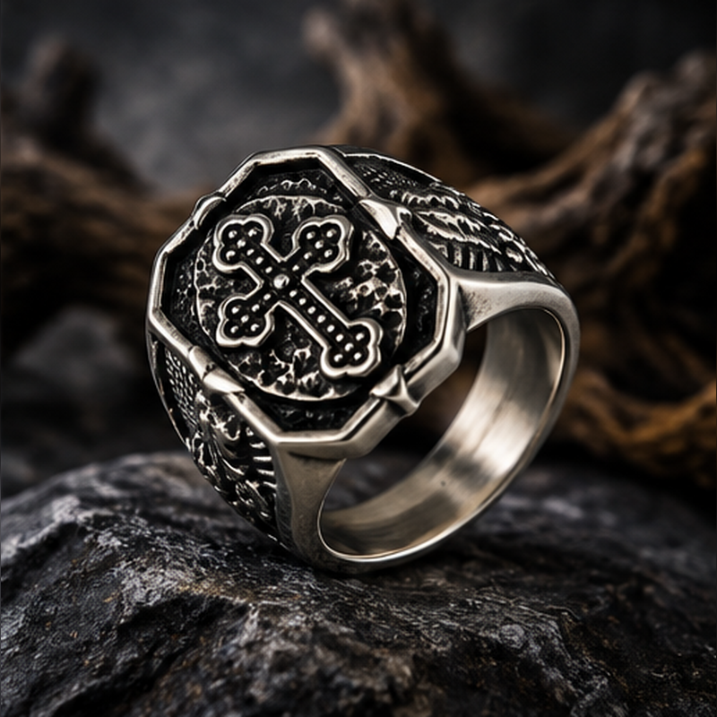 Angled view of Knights Templar medieval cross ring in dark gothic scene
