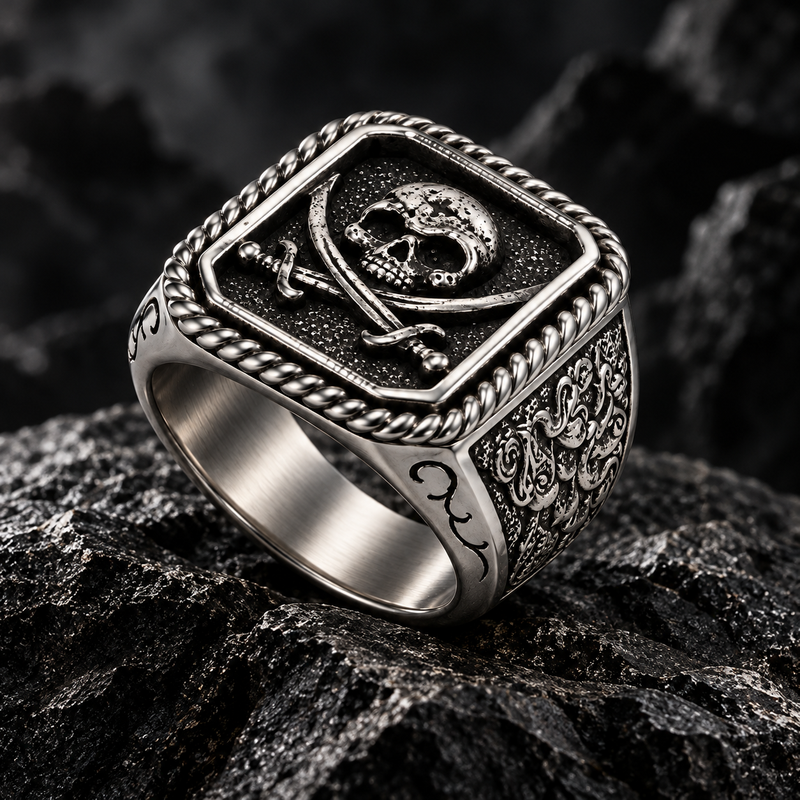 Vintage pirate skull signet ring with crossed cutlasses displayed on black volcanic rock

