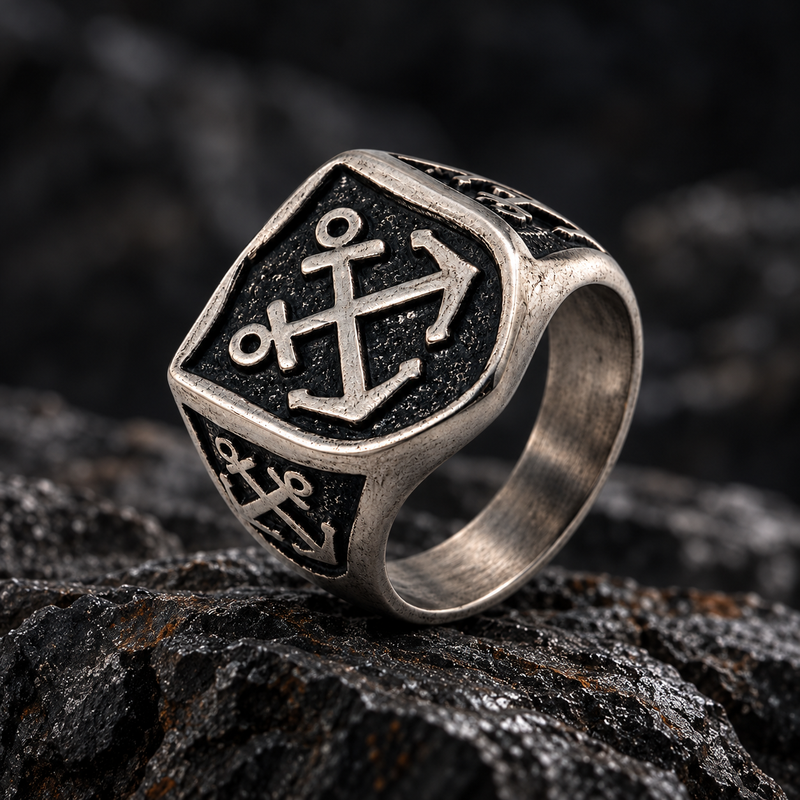 Vintage stainless steel sailor anchor signet ring displayed on dark volcanic stone
