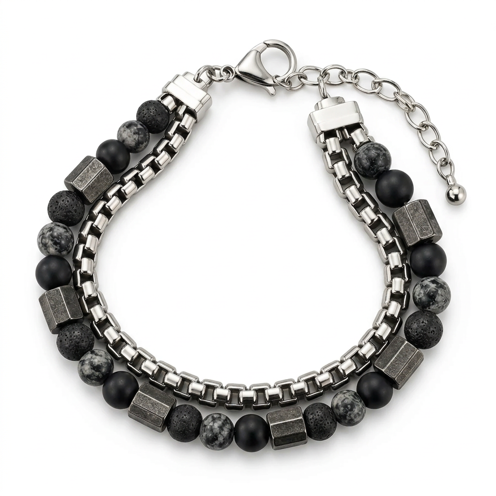 Top view of Men's double-strand box chain and stone bracelet showing lobster clasp on white background
