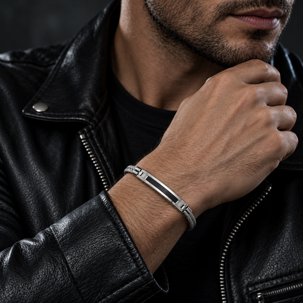 Model wearing men's steel cable black inlay ID bracelet with black leather jacket
