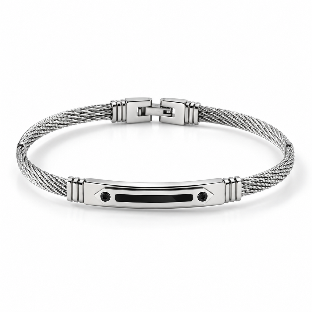 Men's stainless steel twisted cable ID bangle bracelet with arrowhead black CZ accents
