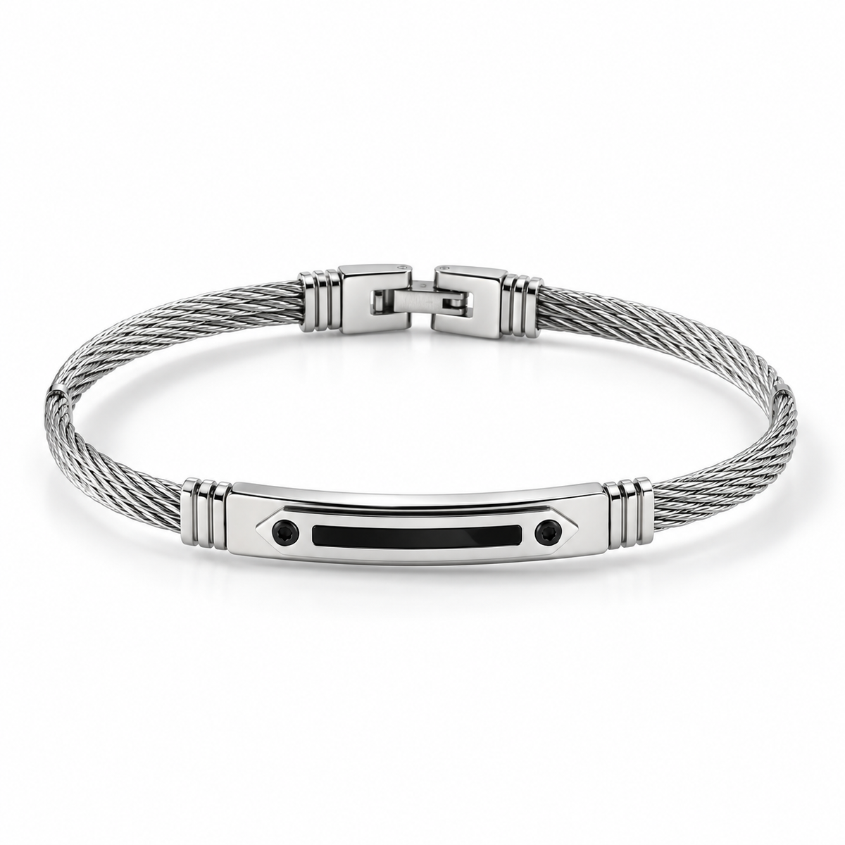 Men's stainless steel twisted cable ID bangle bracelet with arrowhead black CZ accents
