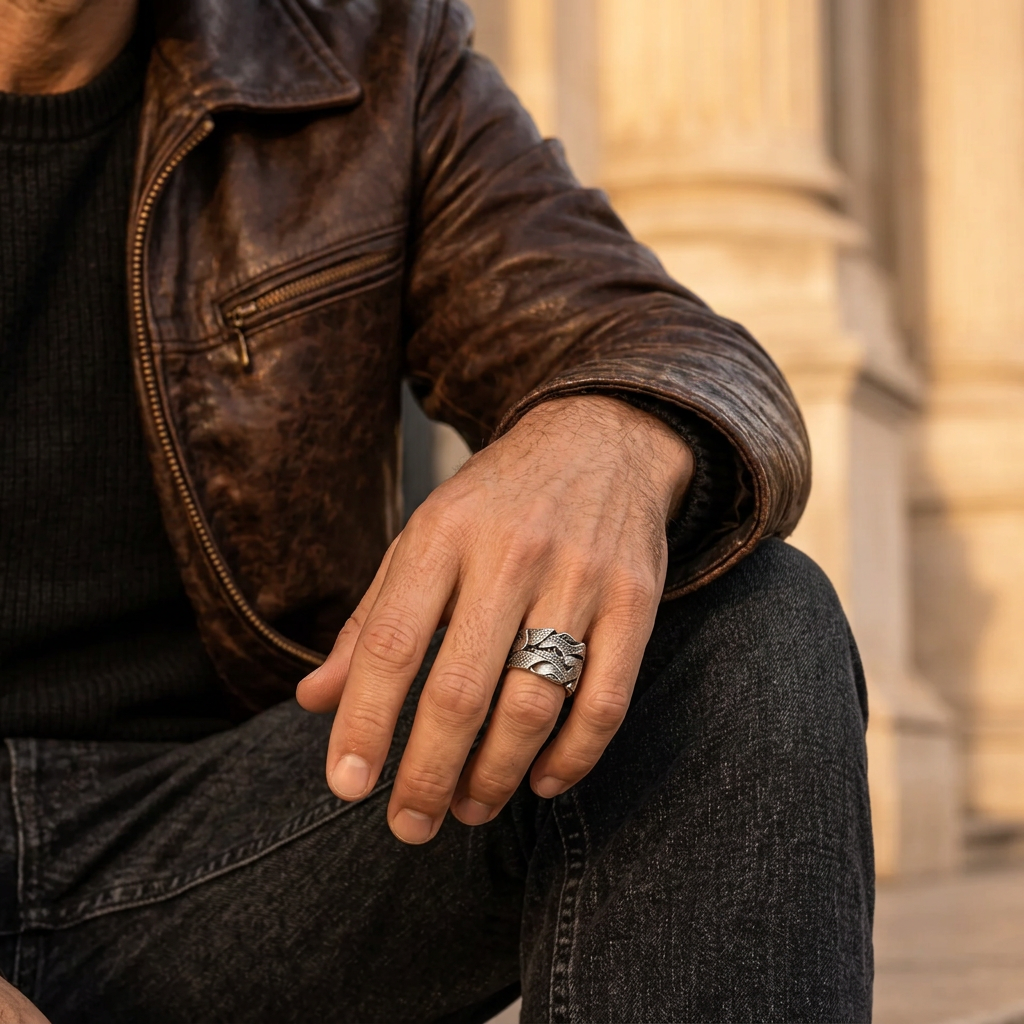 Biker model in brown leather jacket with hand on knee wearing stainless steel curb link ring
