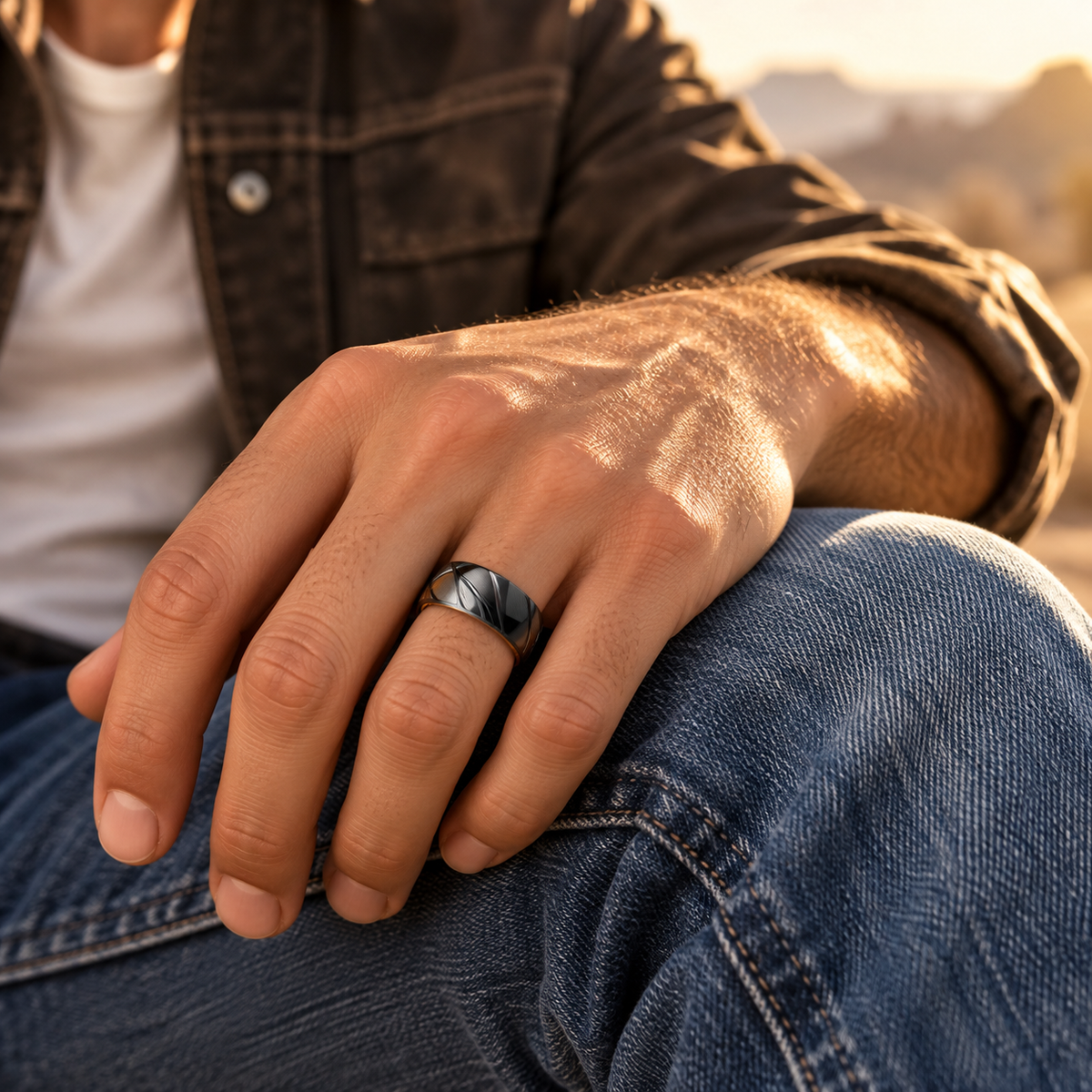 Male hand on denim jeans in golden sunlight wearing two-tone black wave ring
