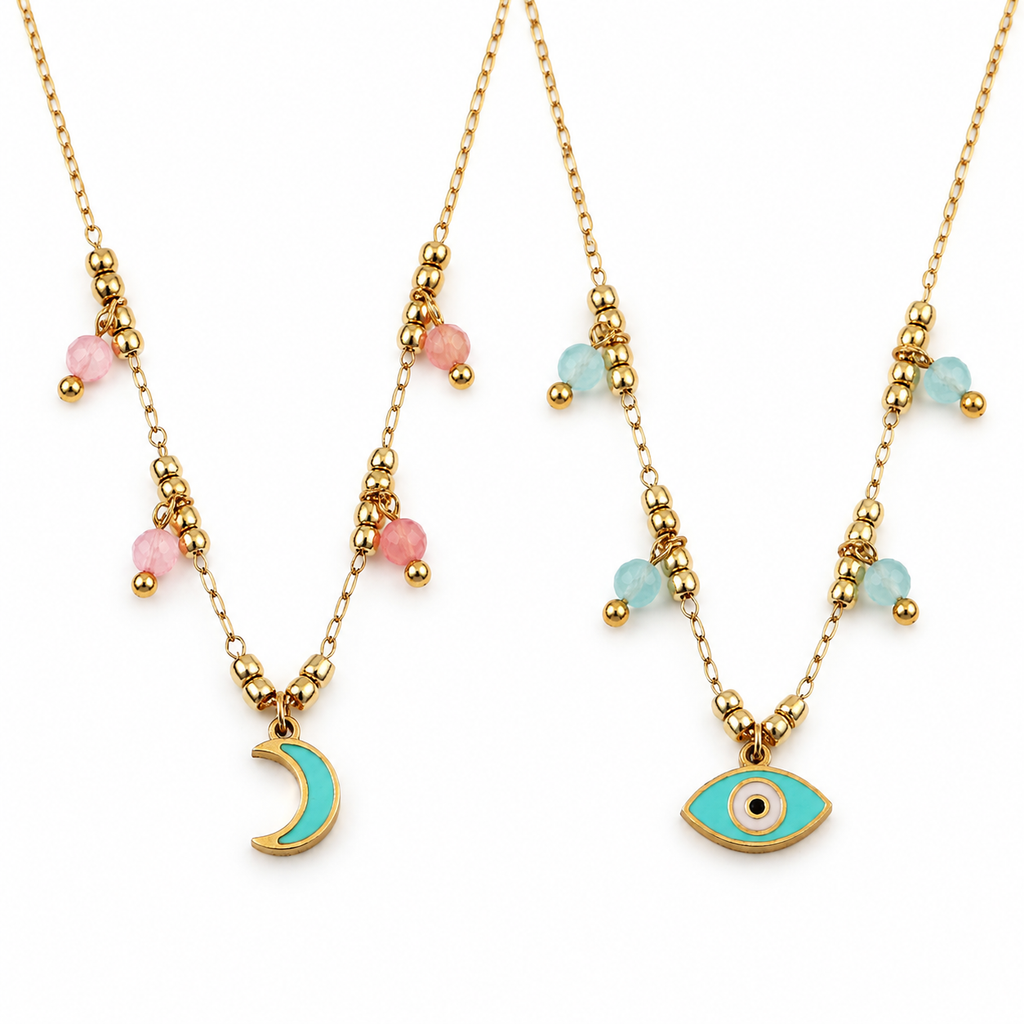 Women's Beaded Enamel Evil Eye & Crescent Moon Necklace