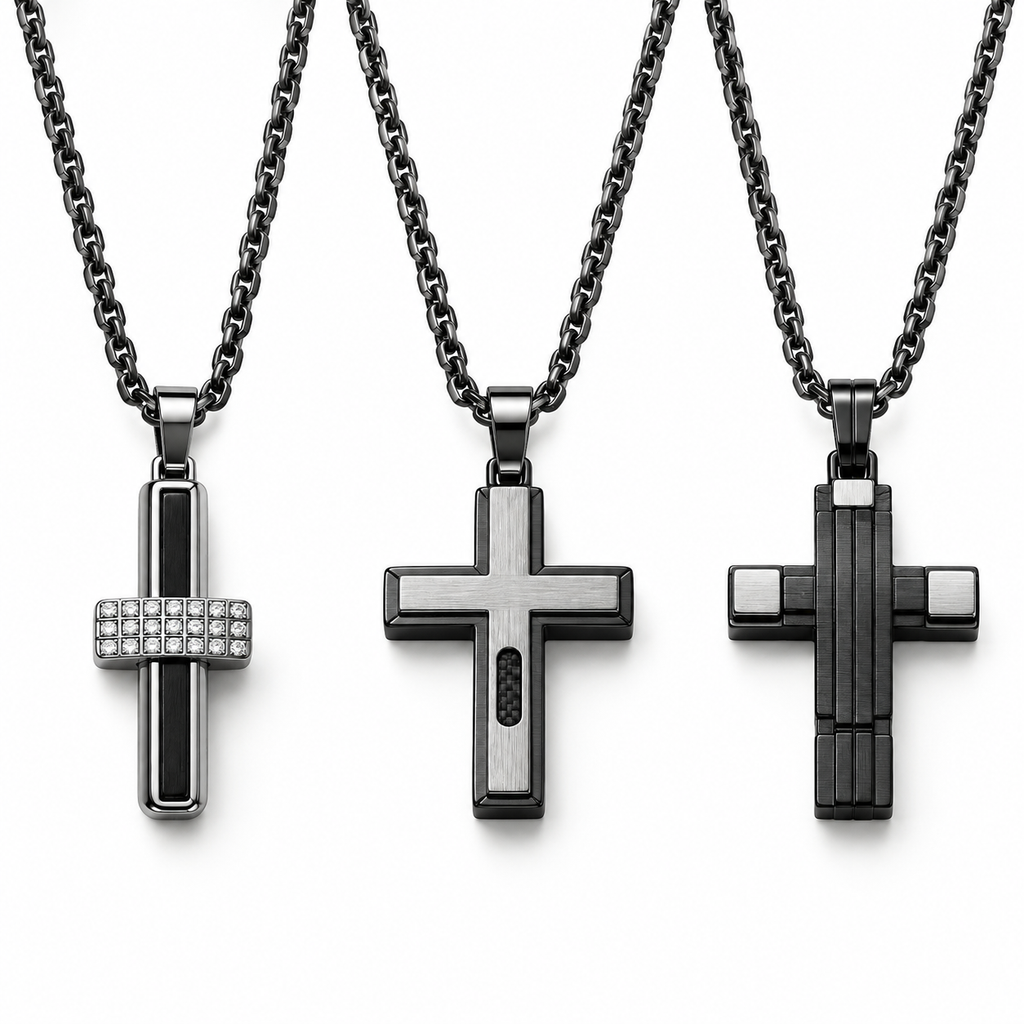 Men's modern architectural cross pendant necklace collection in stainless steel
