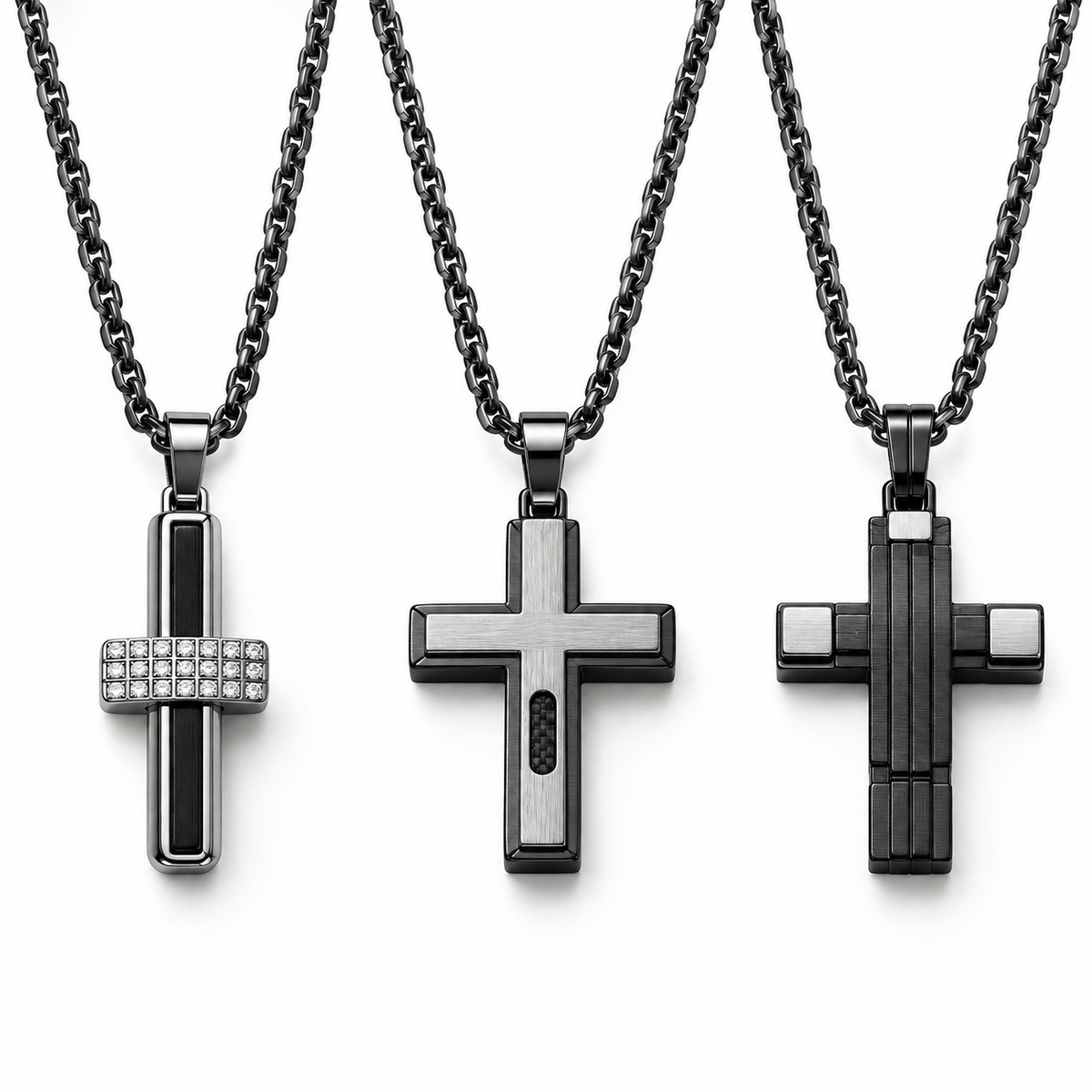 Men's modern architectural cross pendant necklace collection in stainless steel

