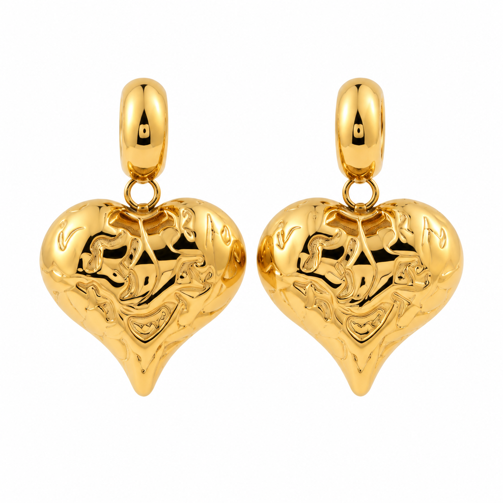Women's Vintage Engraved Filigree Puffed Heart Huggie Drop Earrings – Stainless Steel Jewelry