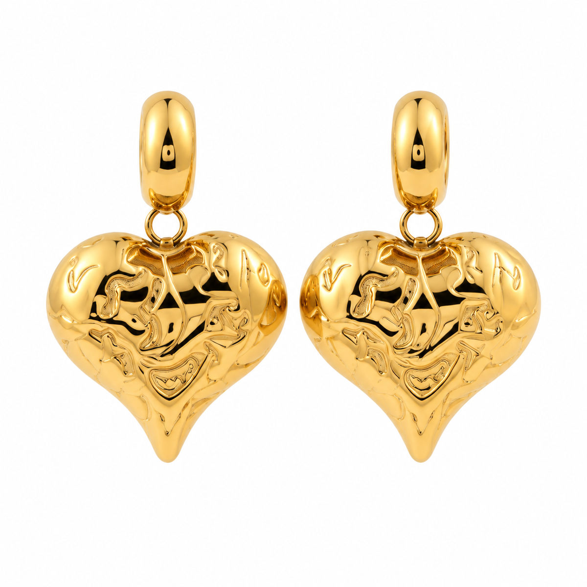 Women's Vintage Engraved Filigree Puffed Heart Huggie Drop Earrings – Stainless Steel Jewelry