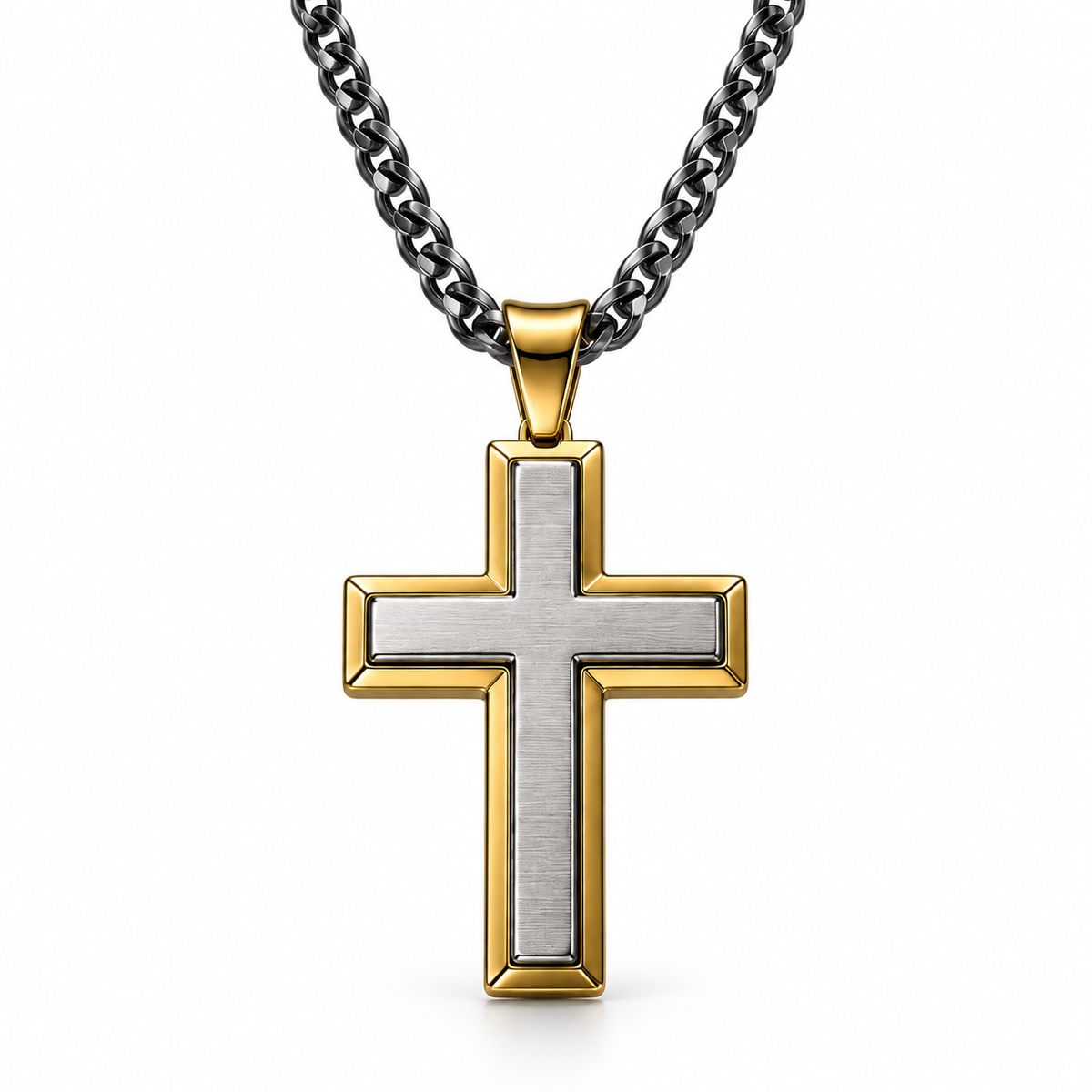 Men's Double-Layer Beveled Cross Pendant Necklace – Stainless Steel Jewelry