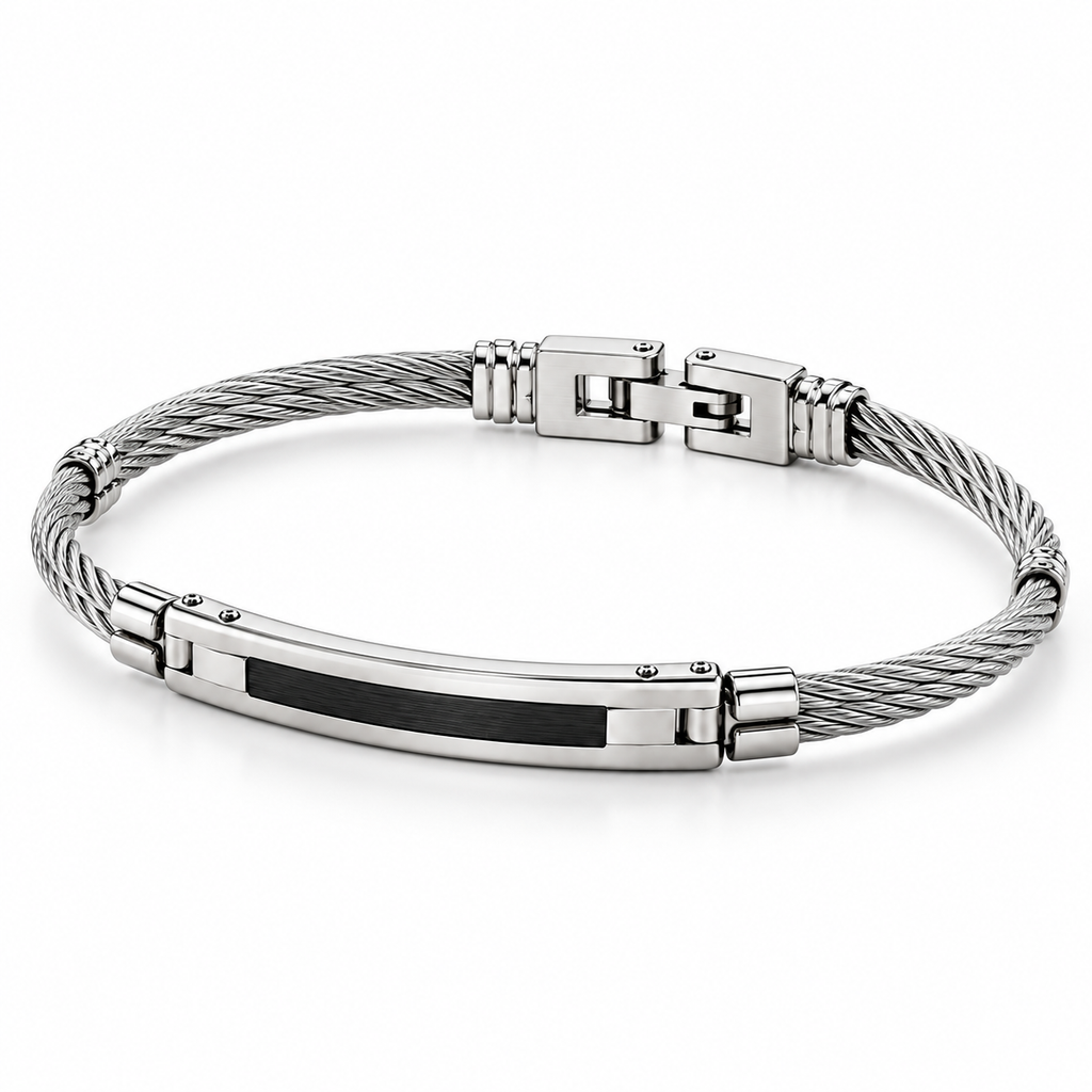 Men's stainless steel twisted cable ID bangle bracelet with matte black center inlay
