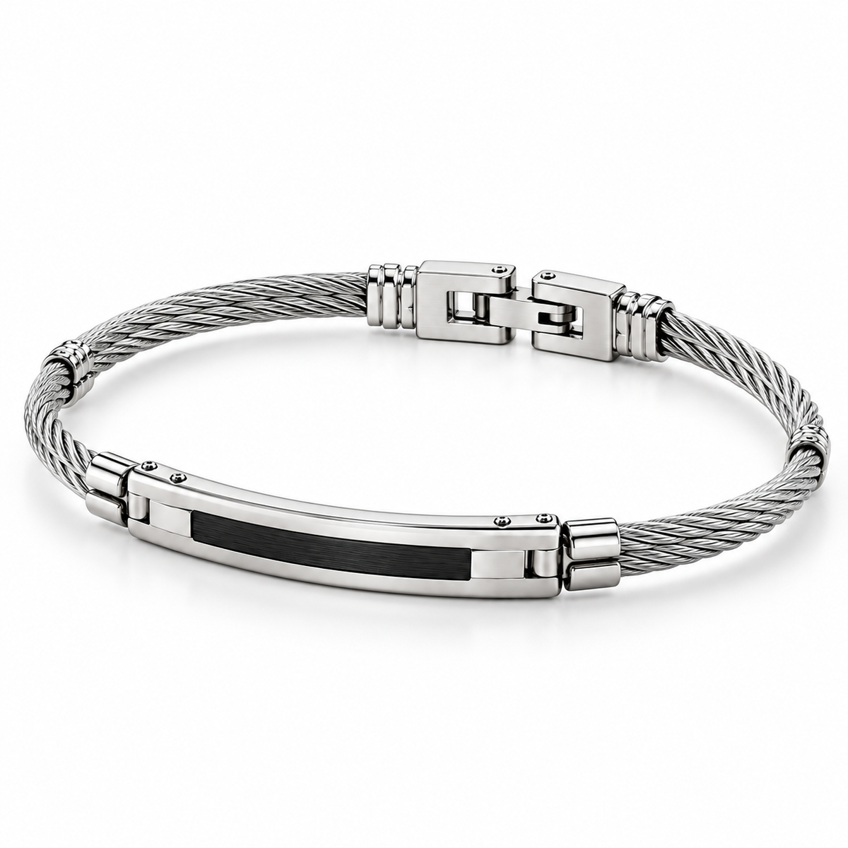 Men's stainless steel twisted cable ID bangle bracelet with matte black center inlay
