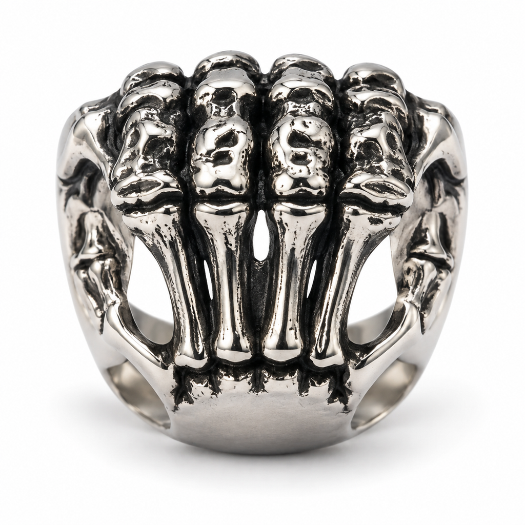 Men's vintage skeleton hand ring in antique finish stainless steel
