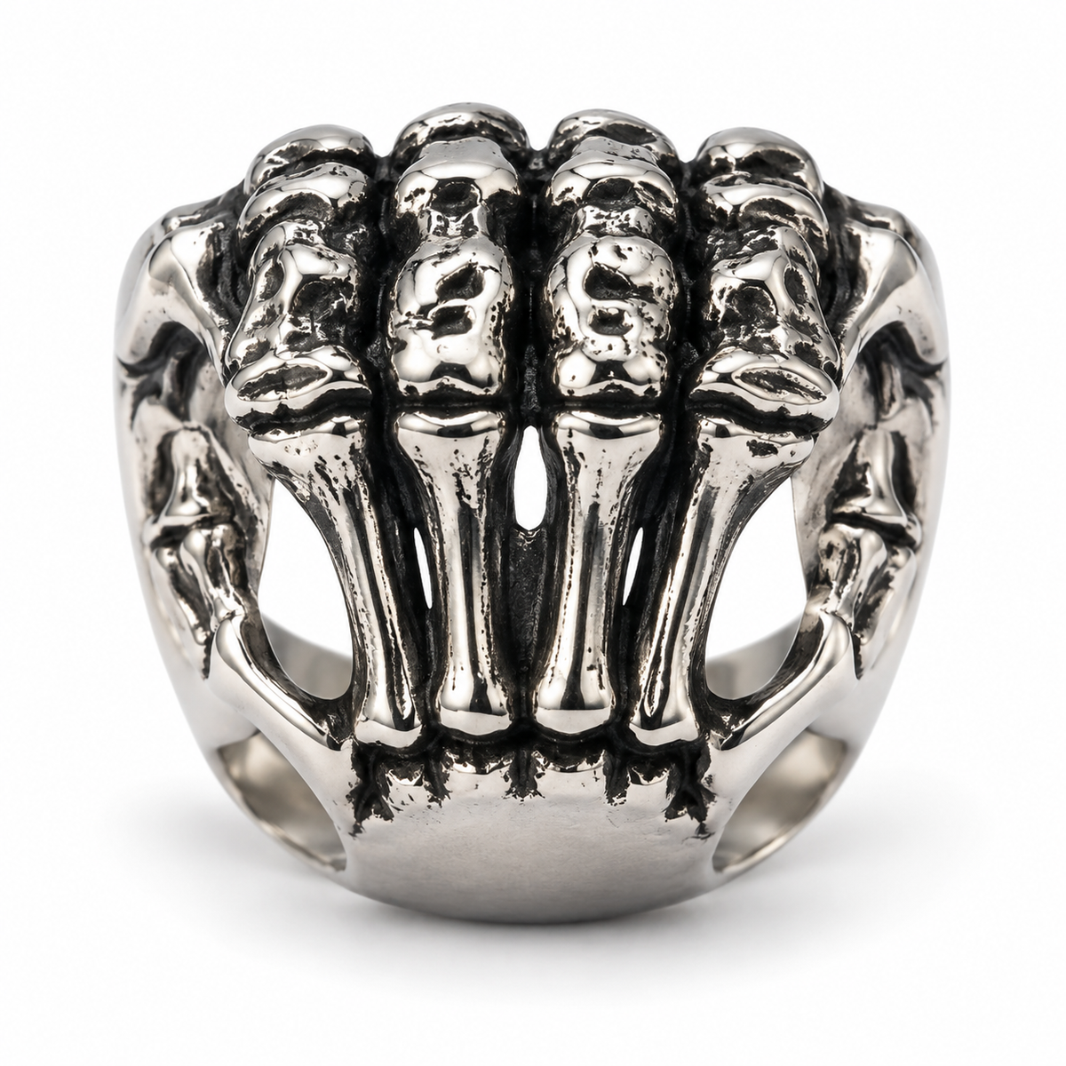 Men's vintage skeleton hand ring in antique finish stainless steel
