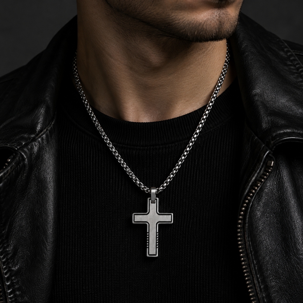 Men's Industrial Tactical Grooved Cross & Bar Tag Pendant Necklace – Stainless Steel Jewelry