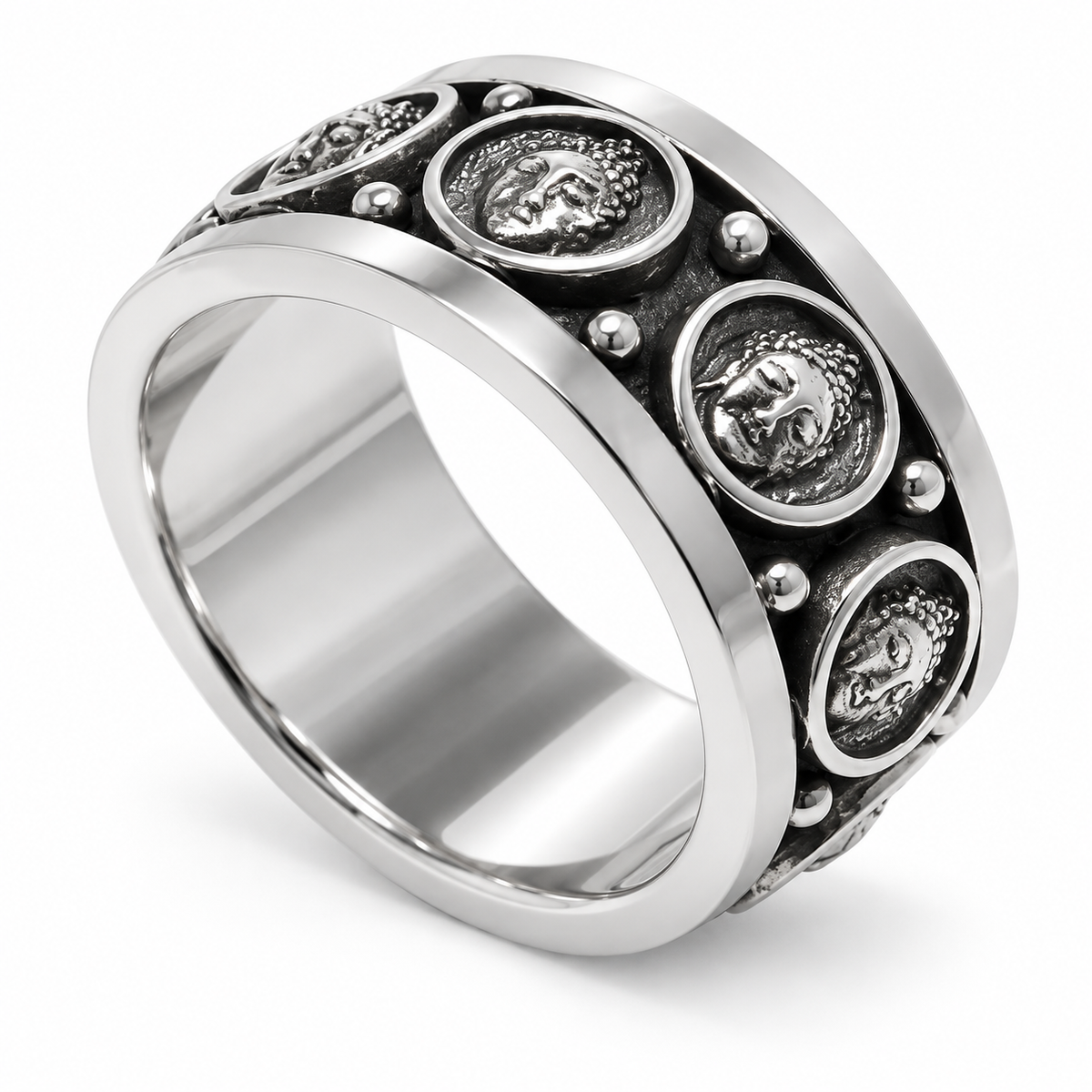Men's Vintage Buddha Medallion Band Ring in stainless steel on white background
