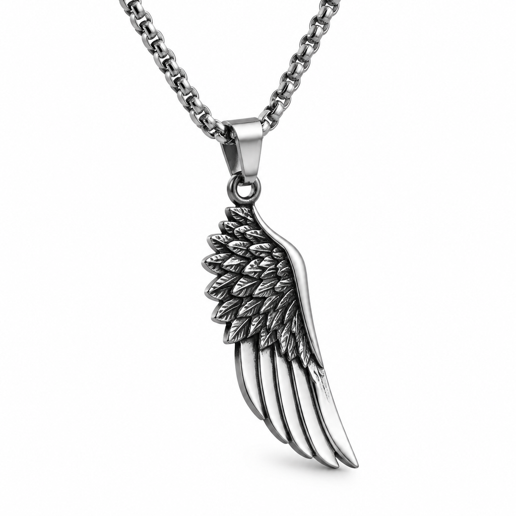 Men's sculpted archangel feather wing pendant necklace on stainless steel chain
