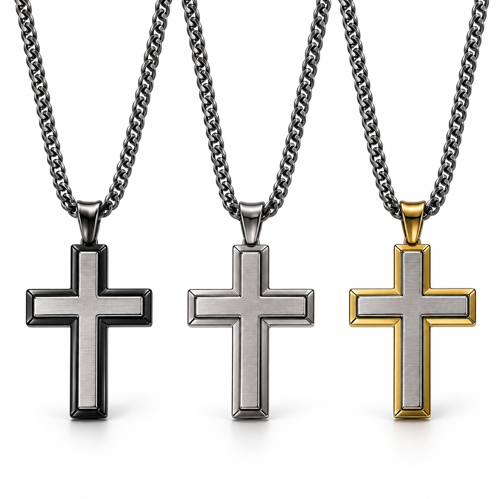 Men's double-layer beveled cross pendant necklace collection in black, silver, and gold
