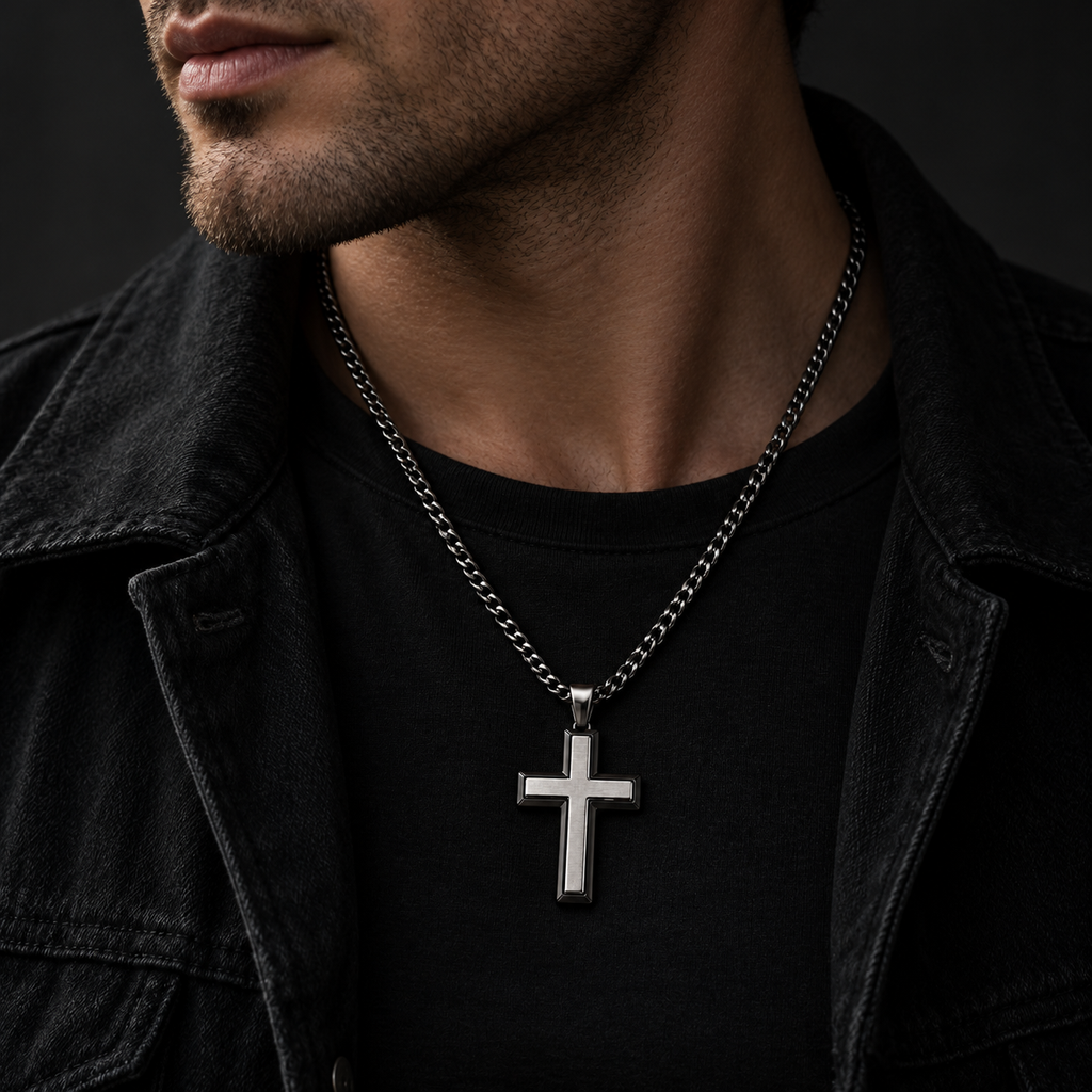 Model wearing men's all-silver stainless steel double-layer cross pendant necklace
