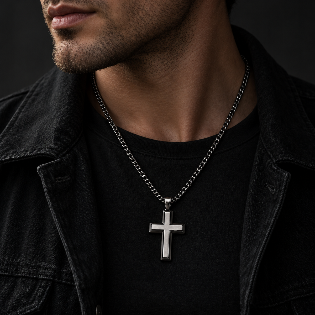 Model wearing men's all-silver stainless steel double-layer cross pendant necklace

