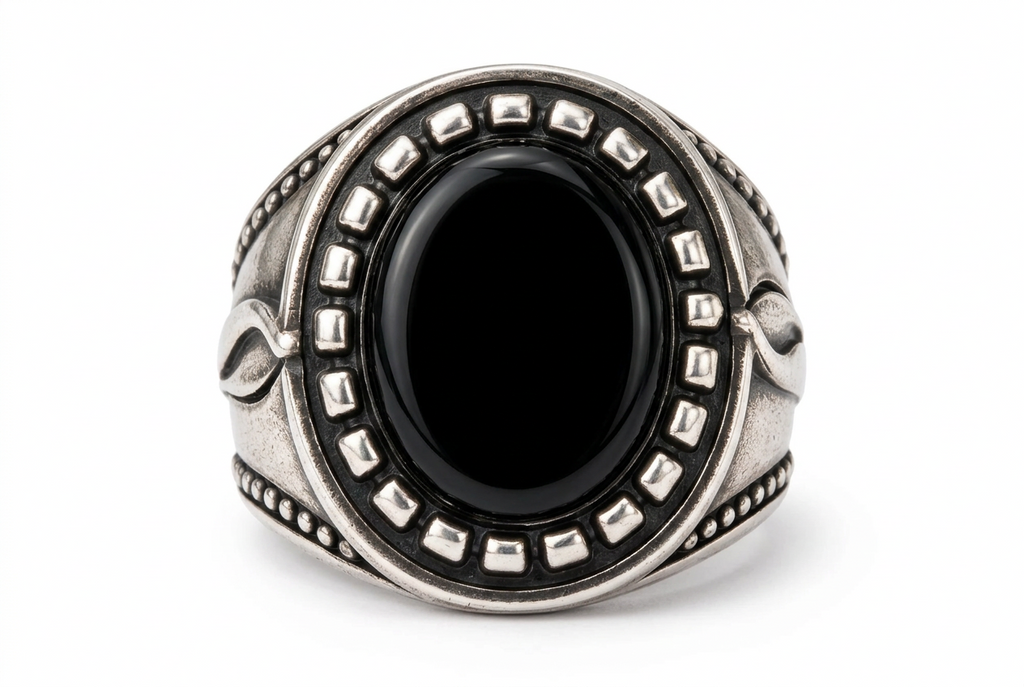 Men's vintage black onyx oval signet ring in antique finish stainless steel
